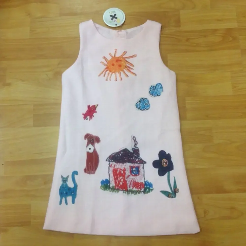 Binx Kids Girls Dress 4 Pink‎ Drawing Dog Cat Flower House Sun Clouds NEW Shift